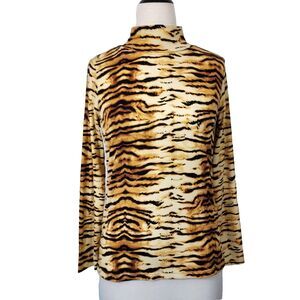 Brittany Humble Shirt Top Women Long Sleeve Stretch Mock Neck Tiger Print Size M